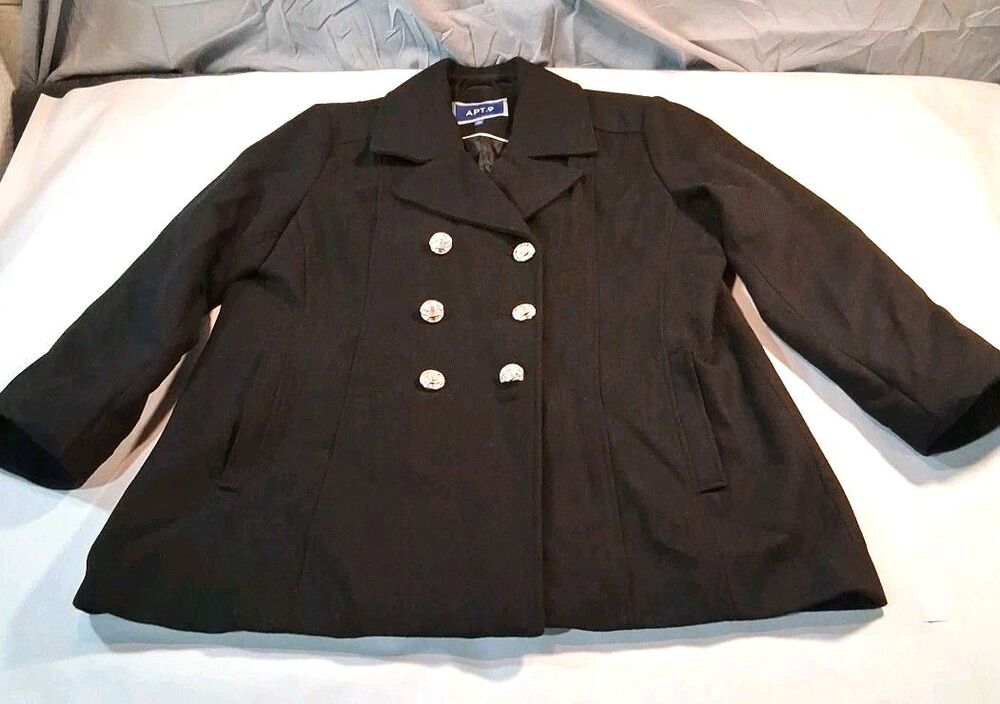 Apt. 9 Womens Black Peacoat Double Breasted Silver Crest Buttons Size XL Classic